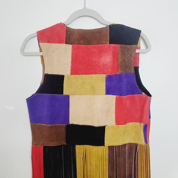 Vintage Suede Color Block Fringed Vest Art Colorful Festival Wear M - Picture 5 of 13
